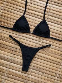 Triangle Bikini With Ribbon And Lined Padded G-String Adjustment - Black - View 2