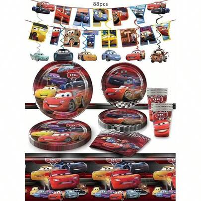 88pcs Car Themed Birthday Party Disposable Tableware Set - Paper Plates, Cups, Napkins, Racing Flags Decorations
