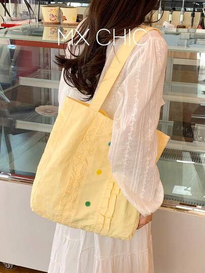 1pc Women's Solid Color Nylon Tote Bag, Fresh Style, Large Capacity, Pleated Decor, Suitable For College Students, Schooling, And Casual Outings