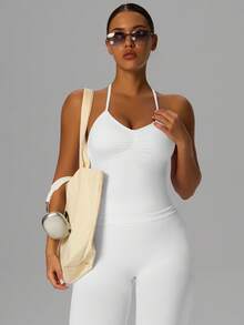 Yefecy New Impact Sports Yoga Tank Top, Women Fitness Yoga Shirt, Sports Wear, Backless Pleated Built-In Bra Cup Top White Spring - 白色 - 查看 3