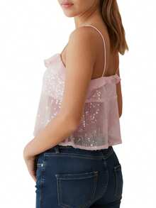 Camiseta sin mangas para mujer, elegante, con lentejuelas, escote en V y tirantes finos. - Rosa - Ver 4
