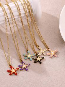 1 Mặt dây chuyền hình sao biển tráng men tinh tế dành cho nữ, dây chuyền thép không gỉ mạ vàng 18K, trang sức đi biển mùa hè để đeo hàng ngày, phụ kiện thời trang mùa hè Y2K dễ thương cho các cô gái trẻ, quà tặng dự tiệc ngày lễ. - sao biển - Xem 2