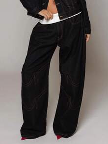 Women's Denim High-Waisted Baggy Wide-Leg Pants Y2K Vintage Contrast Stitching Jeans - 黑色 - 查看 7