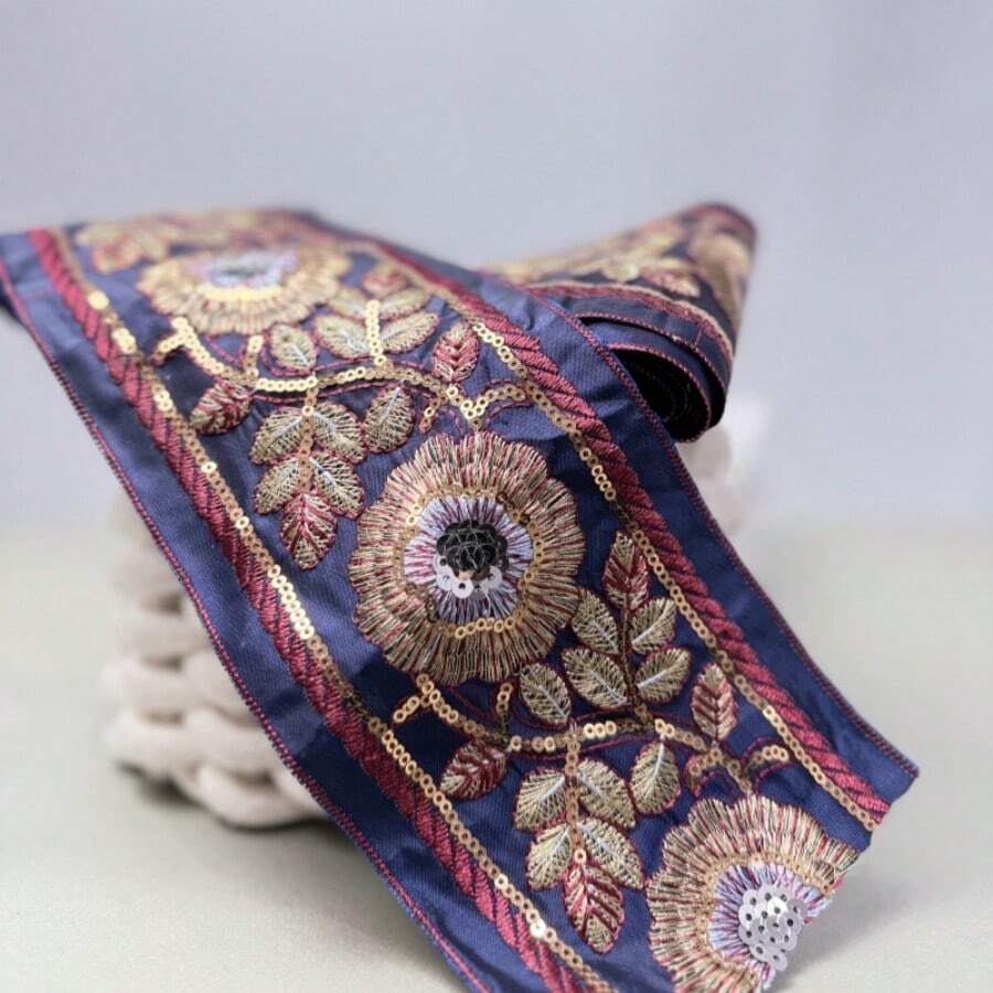 1 Yarda de Tela Bordada con Flecos de Color Azul Marino, para Accesorios de Ropa DIY y Decoración - B-púrpura - Ver 1