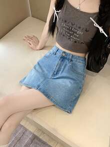 中腰蓝色休闲A字修身牛仔迷你裙，适合夏季日常穿着。 - 藍色 - 查看 4