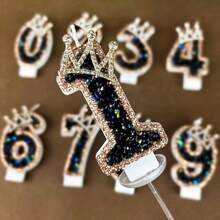Crown Themed Black Rhinestone Number Birthday Candles, Suitable For 1st Birthday, Party, Anniversary, 0-9 Candles - Multicolor - View 1