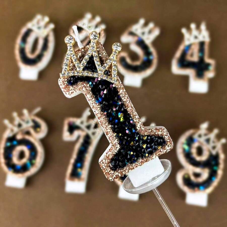 Crown Themed Black Rhinestone Number Birthday Candles, Suitable For 1st Birthday, Party, Anniversary, 0-9 Candles - Multicolor - View 1
