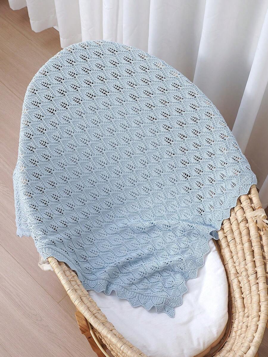 1 pieza Manta de punto hueco de algodón puro para bebé, envoltura de encaje ondulado para bebé, manta para silla de paseo, adecuada para todas las estaciones - azul claro - Ver 1