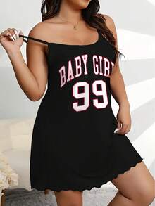 Plus Size Women's Letter Print Casual Comfortable Round Neck Camisole Dress Nightgown - 灰色 - 查看 4