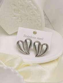 Women's Silver Heart Textured Stud Earrings - Fashionable Stainless Steel Heart Earrings. Minimalist Y2K Style Studs Are Lightweight, Anti-Oxidation, And Comfortable To Wear. Suitable For Daily Wear, Work, Dates, Parties And Special Occasions, Whether For Daily Wear, Holiday Celebrations, Vacation Travel Or Party Gatherings, They Are An Excellent Choice. - Silver - View 2