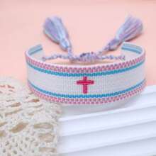 1 pieza Pulsera tejida a mano con borlas y bordado de cruz en estilo bohemio - Multicolor - Ver 2