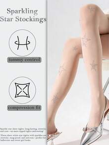 Shiny Rhinestone Star Transparent Pantyhose, Stretchy Anti-Snag Sexy Slimming Tights For Spring/Summer - Multicolor - View 3
