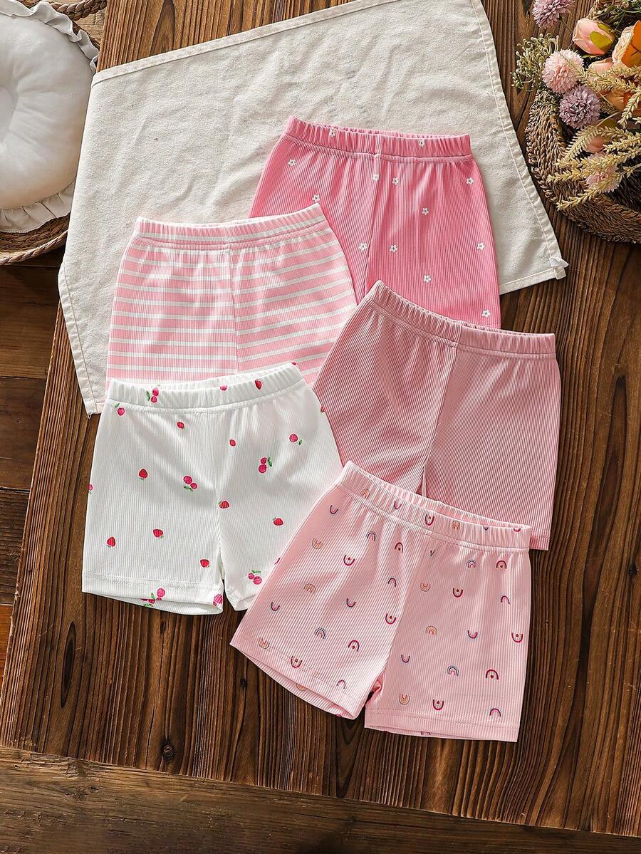 5pcs/Set Baby Girls' Elastic Waist Thin Casual Shorts, Comfortable Non-Binding, Suitable For Summer - Multicolor - View 1