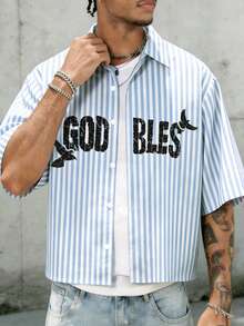 Men's Blue & White Striped "God Bless" Prayer Boy Graphic Short Sleeve Button-Down Shirt, Street Art Style - Baby Blue - View 5