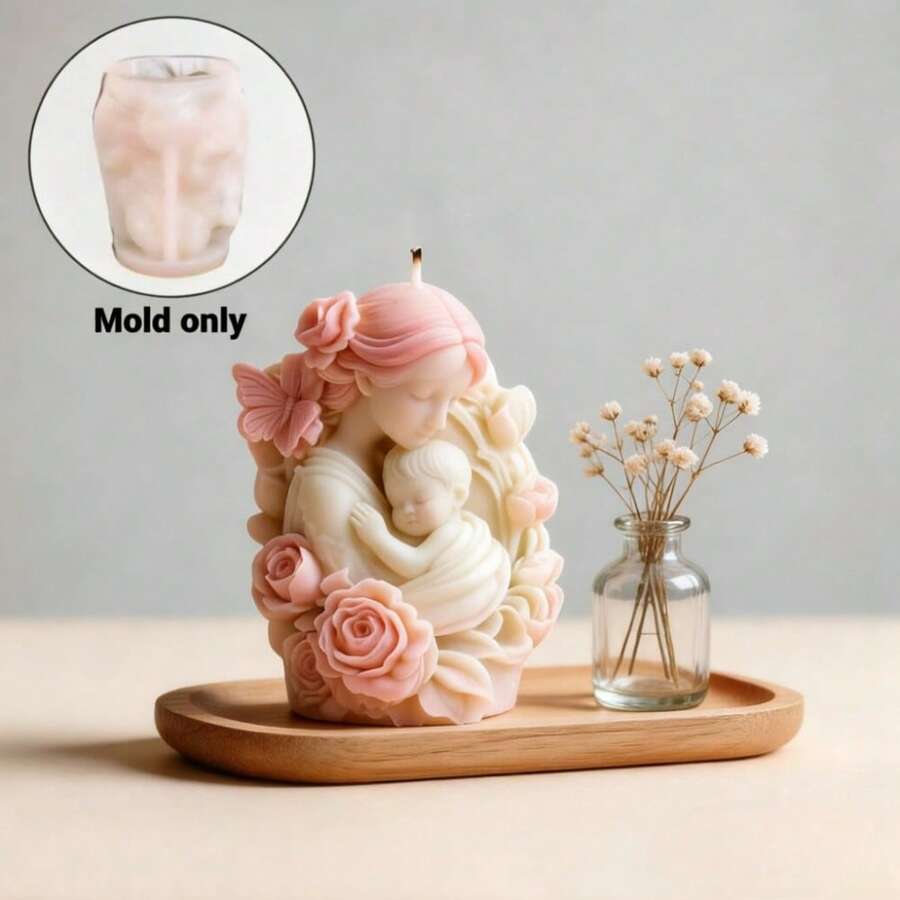 3D Silicone Mold For Mother Holding Baby Candle, Mother & Baby Rose Flower Butterfly DIY Candle Home Decor Silicone Mold, Mother's Day Flower Bouquet Mother & Child Silicone Mold - A-White - View 1