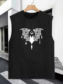 1PC Men's Vest With "Ornate Bat With Celestial Motifs" Print Design, 180g Pure Cotton Vest, Seamless, Sweat-Wicking, 100% Cotton, Loose American-Style Tank Top For Sports And Fitness. - 黑色 - 查看 3