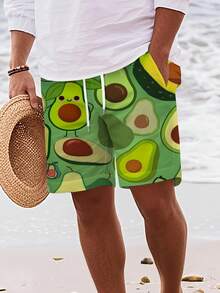 2026 New Men's Avocado Cartoon Print Beach Shorts - Green Base With Colorful Avocado And Fruit Patterns, Drawstring Waist, Lightweight Fiber Fabric, Designed Summer Outdoor Sports And Casual Wear, Beach Shorts, Summer Casual Wear, Fun Patterned Shorts, Plus Size - 混合顏色 - 查看 4