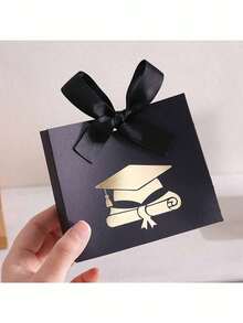 Graduation Gift Bag - Black Ribbon And Gold Graduation Cap/Diploma Gift Box; Black Graduation Party Favors And Decorations (With Gold Diploma Pattern). Available In Red, White, Black And Green (Sold Individually Or As A 4-Piece Set With Candy Box). Ideal For Graduation Party Decor And Seasonal Decoration. - Multicolor - View 1