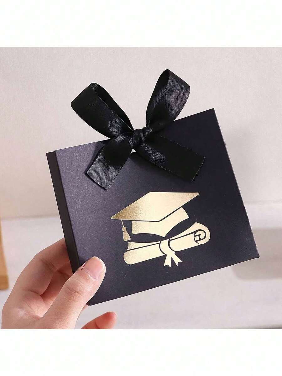 Graduation Gift Bag - Black Ribbon And Gold Graduation Cap/Diploma Gift Box; Black Graduation Party Favors And Decorations (With Gold Diploma Pattern). Available In Red, White, Black And Green (Sold Individually Or As A 4-Piece Set With Candy Box). Ideal For Graduation Party Decor And Seasonal Decoration. - Multicolor - View 1