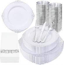 Nervure 350PCS Silver Plastic Dinnerware - White And Silver Disposable Plates For 50 Guests - 100 Disposable Plates, 150 Plastic Silverware, 50 Cups, 50 Napkins For Wedding &Amp; Party - 銀 - 查看 1