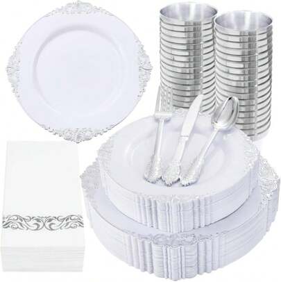 Nervure 350PCS Silver Plastic Dinnerware - White And Silver Disposable Plates For 50 Guests - 100 Disposable Plates, 150 Plastic Silverware, 50 Cups, 50 Napkins For Wedding &Amp; Party