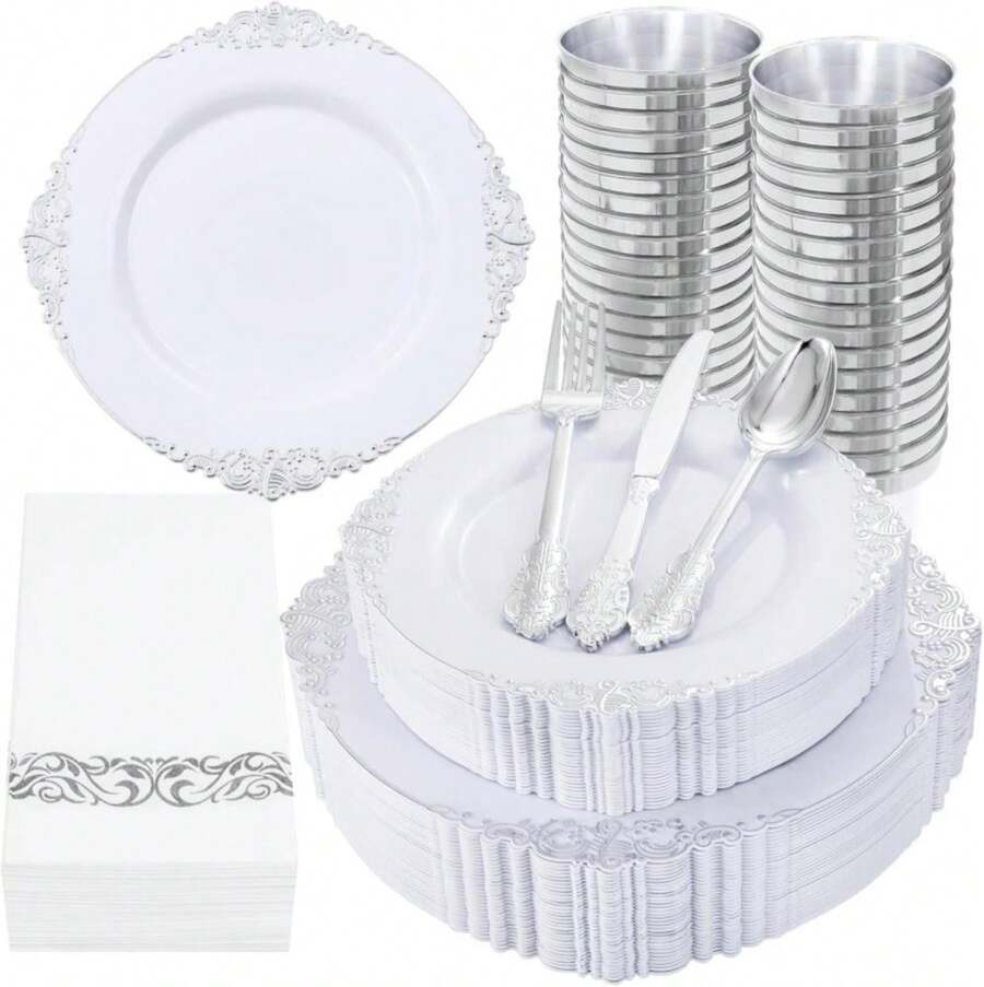 Nervure 350PCS Silver Plastic Dinnerware - White And Silver Disposable Plates For 50 Guests - 100 Disposable Plates, 150 Plastic Silverware, 50 Cups, 50 Napkins For Wedding &Amp; Party - 銀 - 查看 1