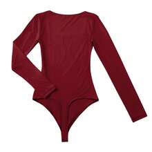 OMKAGI  Women's Long-Sleeved One-Piece Dress With A Sexy And Form-Fitting Triangle Thong Panty And One-Piece Top - 酒紅色 - 查看 3
