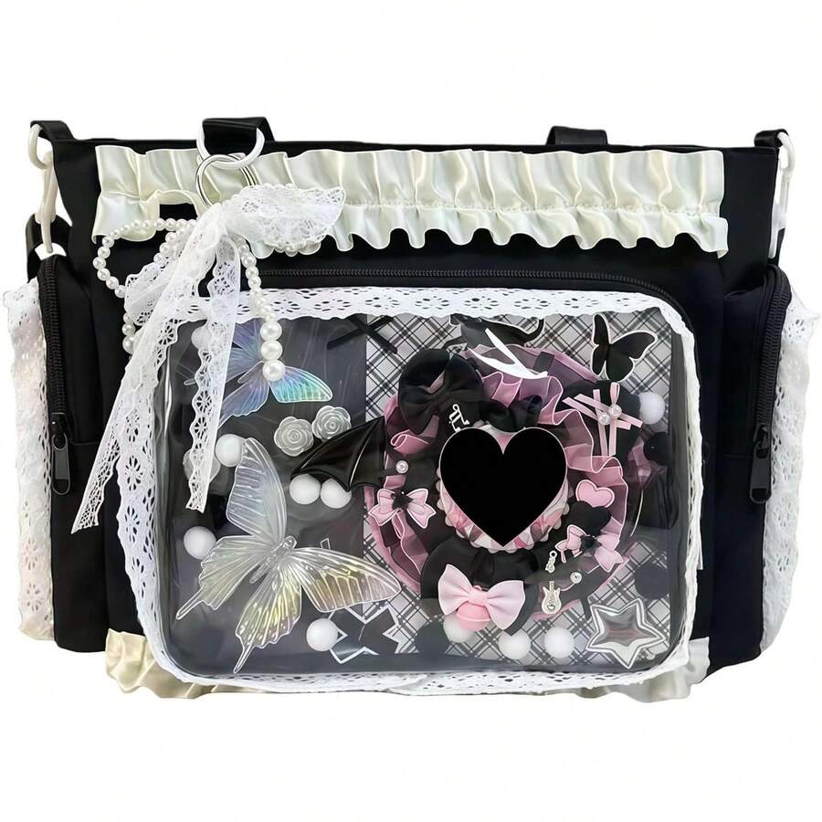 Ita Crossbody Tote Bag, Pin Display With Insert Large Messenger Bag, Cute Tote Bag With Zipper Ruffle, Japanese Aesthetic Y2k - 黑色 - 查看 1