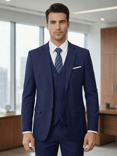 3 PiecesNavy Blue Suit Set For Men, Includes Single-Breasted Jacket + V-Neck Vest + Straight-Leg Pants, Wrinkle-Resistant, Durable, Non-Deforming, Comfortable For Long Wear, Easy Care, Suitable For Business Or Wedding Occasions