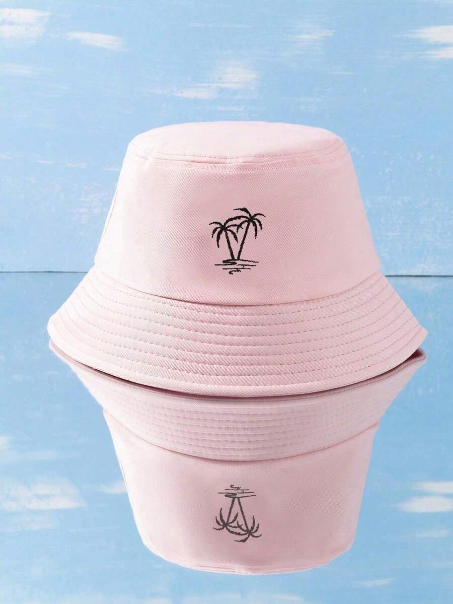 1 pièce Chapeau de seau style Y2K unisexe avec palmier brodé, convient pour les sports de plein air, la protection solaire, les déplacements quotidiens, la plage, les vacances - Rose bonbon - Voir 1