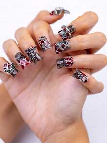 Punk Edgy Short Duck Bill Press On Nails 10pcs Red Black Plaid Base 3D Chains Hearts Angels Bats Metal Accents Handmade Acrylic Reusable High-Gloss Perfect For Club Nights And Halloween Parties Bold Styling Edgy Vibe Cool Gift For Fashion-Forward Enthusiasts Summer Easter - 彩色 - 查看 3