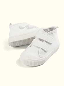 1 Pair Unisex Toddler Solid Canvas Sneakers Double Hook & Loop Closure Round Toe Low Top Flat Casual Shoes Classic Versatile Footwear For Kindergarten PE Class Daily Summer Walking Shoes - White - View 4