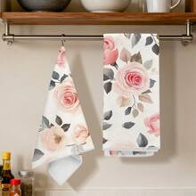 2pcs Pink Rose Print Kitchen Towels, 100% Polyester Kitchen Cleaning Cloths, Suitable For Restaurant, Kitchen And Home Decor; Quick-Drying, Lightweight, Fade-Resistant, Low-Shedding, Anti-Mildew, High Color Fastness, Size 40*60cm - Beige - View 9