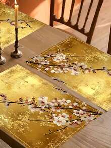 1 件金色花卉图案中式餐垫，尺寸为 12.6*16.5 英寸 - 涤纶材质，可机洗，是家庭聚会、派对的理想之选，也可用作厨房和餐桌的装饰垫。 - 金色 - 查看 2