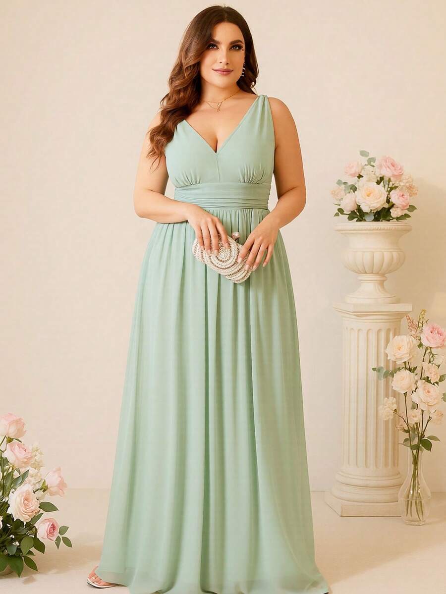 EVERPRETTY 优雅无袖褶裥高腰鼠尾草绿伴娘礼服，正式礼服，春夏婚礼宾客礼服，节日派对礼服 - 薄荷綠 - 查看 1