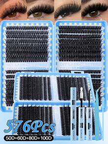 Bộ mi giả D-Curl 592/576/640 sợi kèm keo, nhíp và cọ - Bộ mi giả thân thiện với người mới bắt đầu, tạo vẻ mềm mại và tự nhiên, phù hợp với nhiều hình dạng mắt, giúp mi dày và dài hơn, dễ sử dụng, tự trang điểm mắt, quà tặng cho phụ nữ. - Màu xanh lam - Xem 4