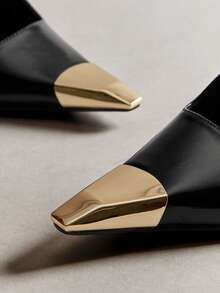 Hauture 优雅女士黑色漆皮露跟尖头金属鞋头方头细高跟鞋性感春夏度假派对鞋 - 黑色 - 查看 3