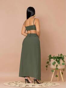 Women's Set: Wrap Skirt And Cropped Top, Simple Casual, Sensorial Fabric, Side Opening, Crossover Detail, Zipper, Evening Wear, Baby Shower, Spring Wear - 軍綠色 - 查看 2