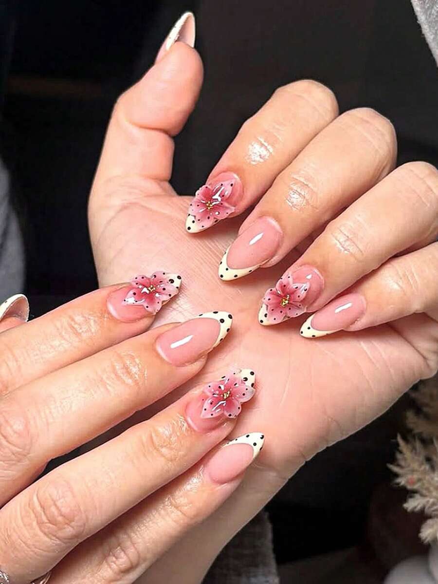 30pcs 3D Floral French Manicure Stickers, Almond Shape Rhinestone Decor, Shiny Y2K Style Full Cover False Nails, Suitable For Daily Wear, Spring Season - Multicolor - View 1