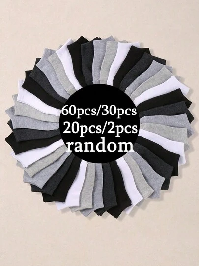 60pcs/30pcs/20pcs/2pcs Unisex Black, White, Gray Casual Breathable Boat Socks, Fashionable Minimalist Design, Suitable For Daily Wear And Office Attire, All Seasons, Random Colors