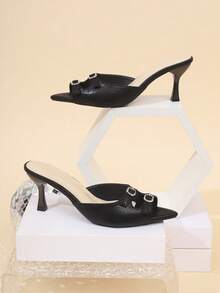 Giày sandal mũi nhọn đính đá, giày mules cao gót một quai gợi cảm, giày sandal cao gót hở gót đa năng cho mùa hè, màu đen. - màu đen - Xem 7