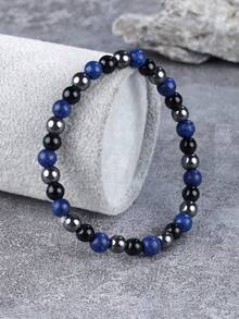 YAUKIA 男士天然石手链，6毫米青金石、赤铁矿和黑玛瑙，弹力材质，寓意守护、勇气，适合日常佩戴 - 彩色 - 查看 2