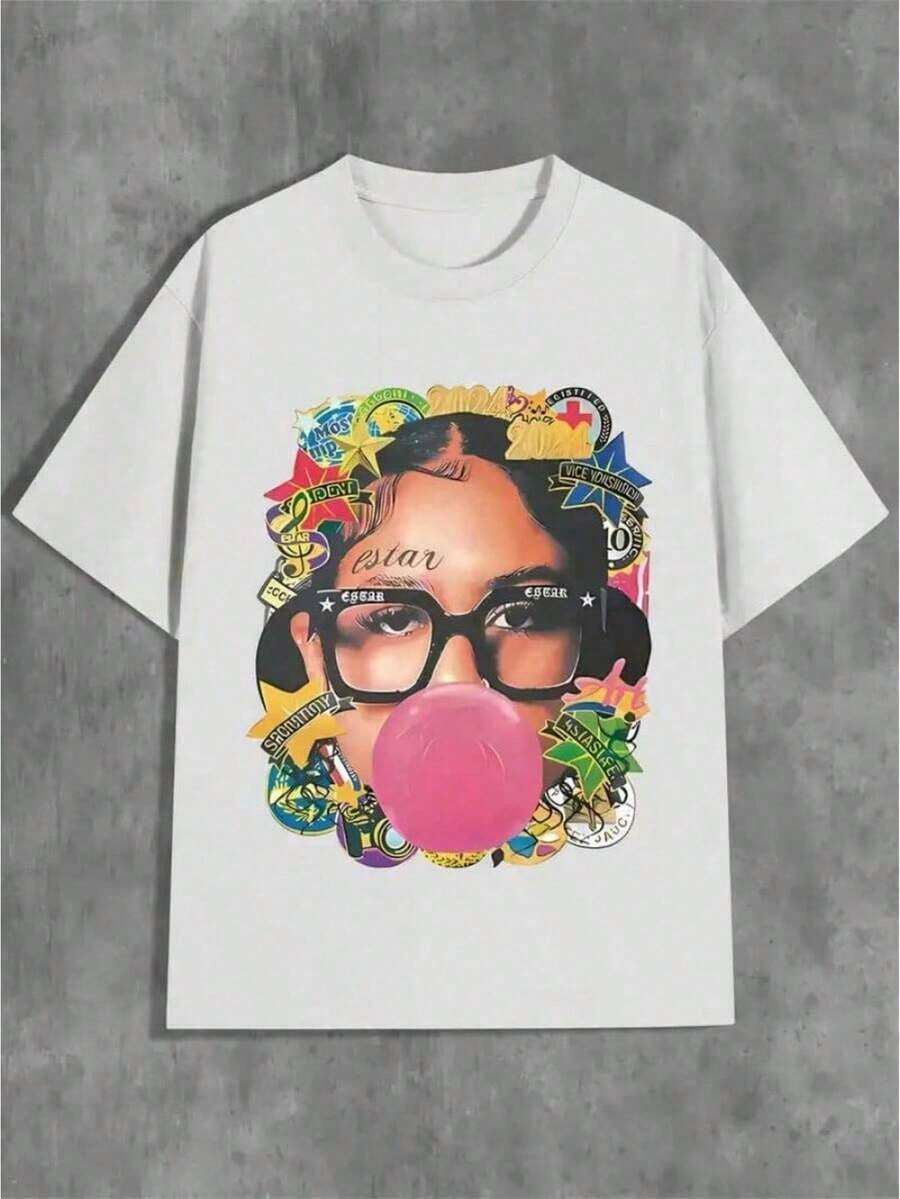 With Bubble Gum Pattern, Short Sleeved T - Shirt, Graphic Printed, Round Neck, Breathable Fabric,Y2k Style Suitable For Holidays, Parties, Home Wear, Daily Commuting, Back To School, And Concert Attire.Summer Outfits For Women - 白色 - 查看 1
