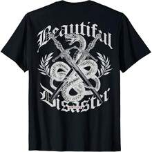 Vintage Gothic Snake "Beautiful Disaster" T-Shirt, Crossed Swords Back Print For Men & Women - 黑色 - 查看 1