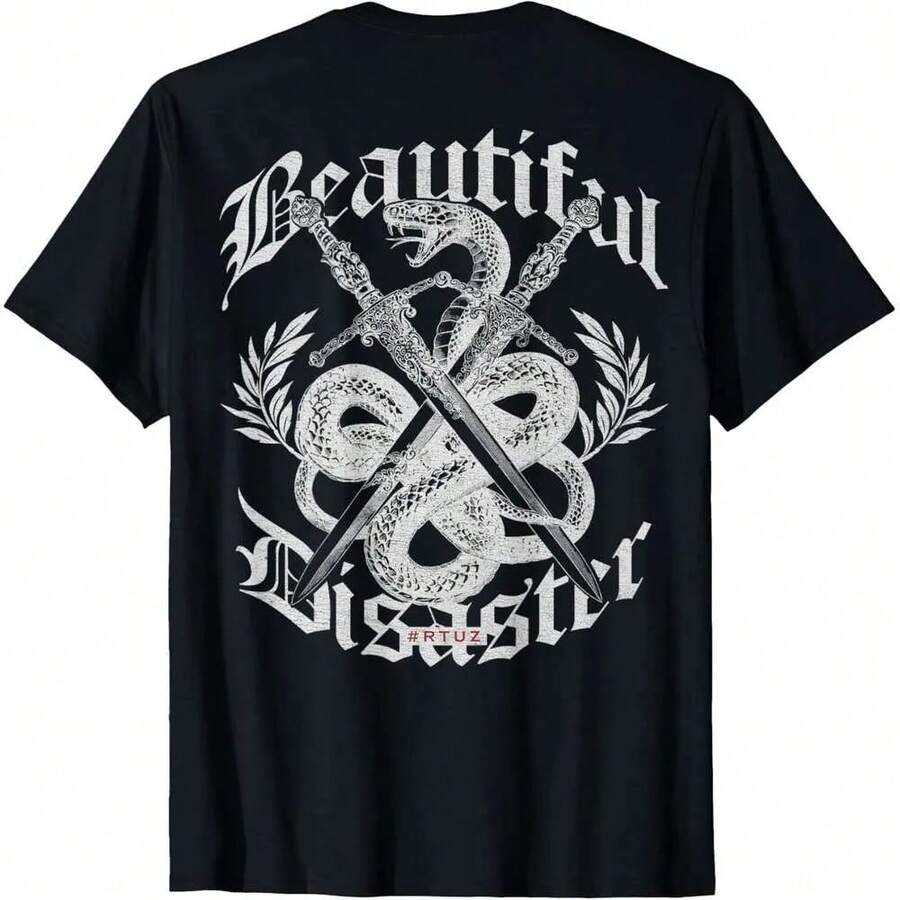 Vintage Gothic Snake "Beautiful Disaster" T-Shirt, Crossed Swords Back Print For Men & Women - 黑色 - 查看 1