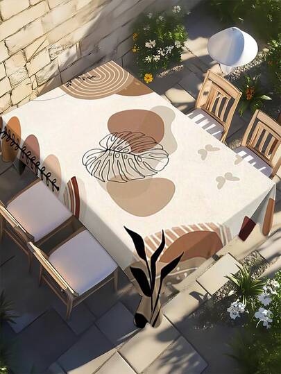 1pc Rectangular Tablecloth In Semiha Style - Beige, Brown And White With Leaf Pattern, Suitable For Indoor Dining, Outdoor Gatherings And Holiday Gifts, Holiday Gift Display | Bohemian Style | Polyester Fabric
