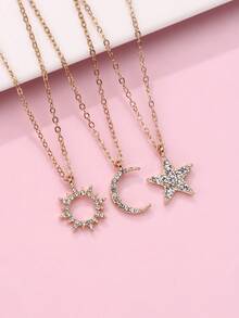 Bộ 3 mặt dây chuyền hình mặt trời, mặt trăng và ngôi sao đính đá lấp lánh dễ thương dành cho trẻ em nhân dịp Eid Al-Adha, thích hợp để đeo hàng ngày, làm quà tặng hoặc trong các dịp lễ hội. - Vàng - Xem 4