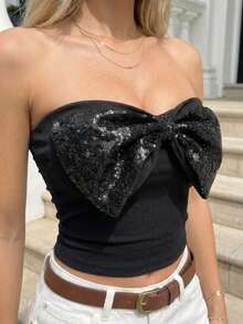 女士优雅黑色亮片大蝴蝶结无肩带露脐上衣，时尚性感派对上衣 - 黑色 - 查看 3