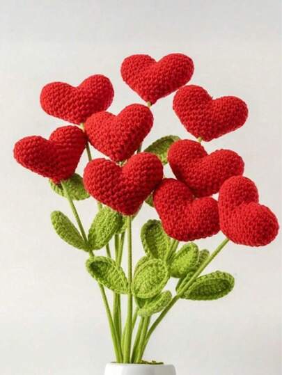 50朵/1件手工钩编心形花束，纱布心形，绿色花茎，适合情人节、母亲节、毕业典礼、感恩节、生日礼物、特殊场合、家居装饰、人造花卉摆设、手工钩编花、教师节花束、红色针织心形花束、毕业礼物