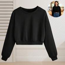 Cropped Sweatshirt Warm Comfortable Plain Without Print - Black - View 3